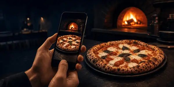 Celular fotografando uma pizza artesanal